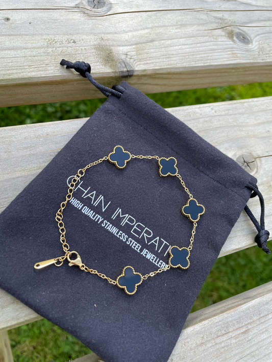 18K Gold And Black 4 Leaf Clover Bracelet